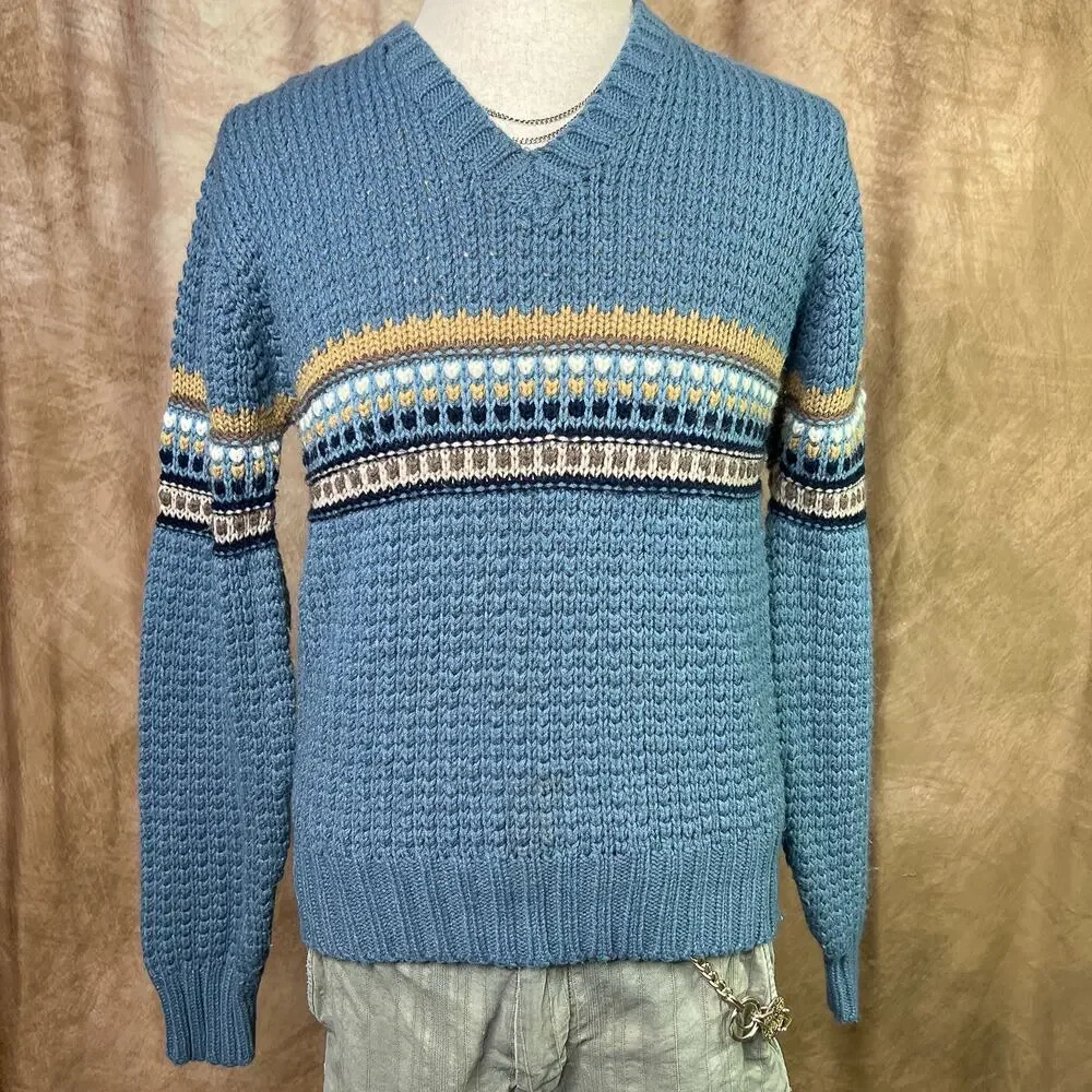 Vintage Striped Sweater 80s Knit V Neck Long Sleeve Blue Retro Fall Academia